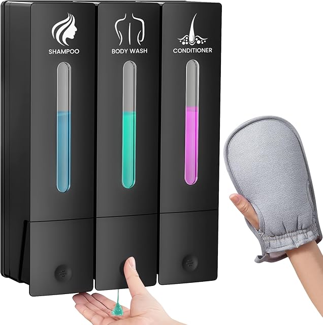 3 in 1 Shampoo and Conditioner Dispenser, 1200ML Capacity Shower Soap Dispenser Bathroom Set, 3 Chamber Shower Dispenser No Drill, Fashionable Wall Mounted Soap Dispenser for Bathroom & Hotel