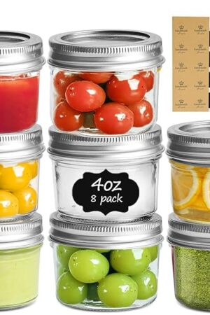 ComSaf Mini Mason Jars 4oz - 8 Pack, Regular Mouth Mason Jar with Lids and Seal Bands, Small Glass Canning Jar for Spice, Jam, Honey, Jelly, Dessert, Shower Wedding Favors, DIY Candles Decor