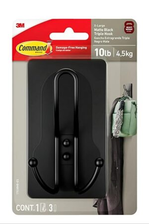 Command X-Large Triple Hook Wall Hooks, Matte Black, 1 Hook with Adhesive Strips