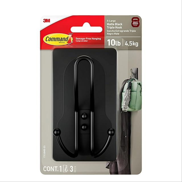Command X-Large Triple Hook Wall Hooks, Matte Black, 1 Hook with Adhesive Strips