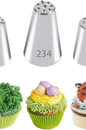 3Pcs Grass Piping Tips, Stainless Steel Grass Tips for Cake Decorating Grass Icing Tips Cake Decorating Supplies for Cupcakes Decoration DIY Baking (233 234 M24)