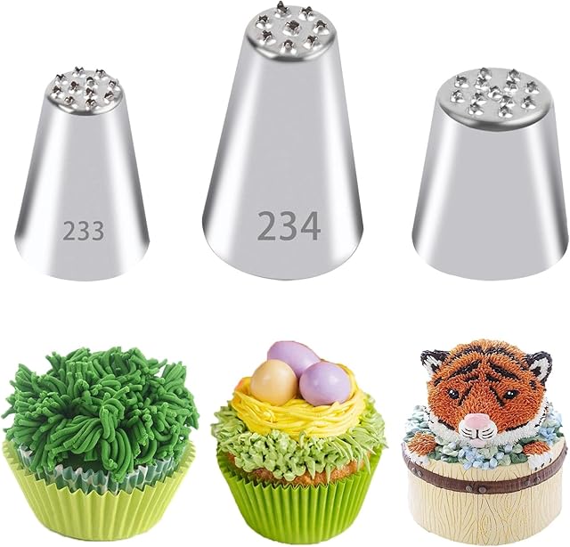 3Pcs Grass Piping Tips, Stainless Steel Grass Tips for Cake Decorating Grass Icing Tips Cake Decorating Supplies for Cupcakes Decoration DIY Baking (233 234 M24)