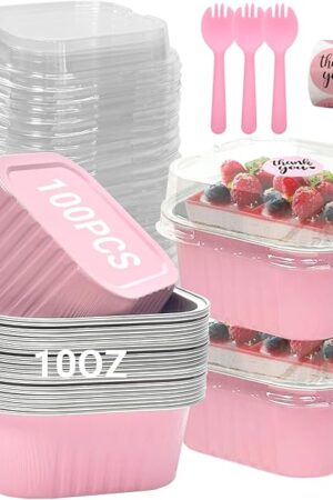 100 Pack 10oz Mini Cake Pans With Lids, Aluminum Foil Square Brownie Baking Cups,Disposable 4?x4? Large Cupcake Pan,Jumbo Muffin Tin Ramekins Holders-Pink