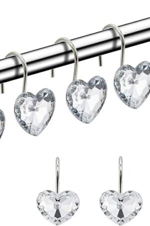 Actpe Decorative Crystal Heart Shape Shower Curtain Hooks Rust Resistant Hooks Glide Shower Ring Hangs Holder Bling for Bathroom, Pack of 12