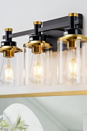 3 Light Bathroom Light Fixtures, Black and Brushed Gold Vanity Light Fixture Over Mirror, Modern Wall Sconces Lighting Wall Lamp for Bathroom, Bedroom, Hallway with Clear Glass Shade