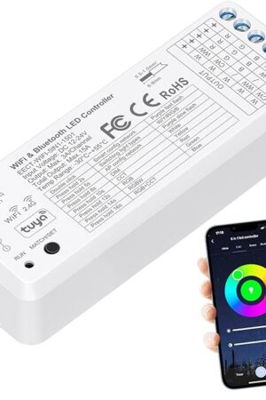 EMITEVER WiFi Bluetooth 5-in-1 LED Controller Dimmable for DC12-24V PWM Single Color/CCT/RGB/RGBW/RGBCCT LED Strip Lights, Compatible with Tuya APP/Smart Life/Alexa/Google Home