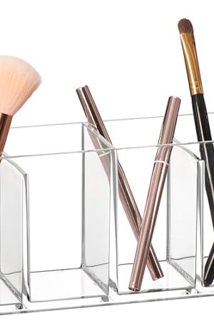 Amazing Abby - Glamour - Acrylic 4-Compartment Makeup Organizer, Transparent Plastic Makeup Brush Holder, Perfect Bathroom Vanity Storage Solution for Makeup Brushes, Eyebrow Pencils, and More