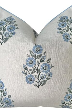 “The Camille? Floral Block Print Pillow Cover – Soft Blue and Off-White Decorative Throw Pillow Cover – Grandmillennial Home Decor, 20" x 20"
