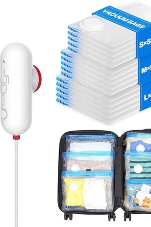 VMstr 15 Pack Travel Vacuum Storage Bags with USB Pump, Vacuum Packing Seal for Luggage and Suitcase, Space Saver for Clothes and Clothing Travel