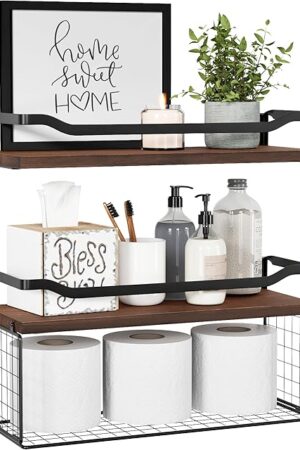 WOPITUES Floating Shelves with Wire Storage Basket, Bathroom Shelves Over Toilet with Protective Metal Guardrail, Wood Wall Shelves for Bathroom, Bedroom, Living Room, Toilet Paper- Dark Brown