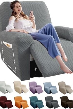 YEMYHOM 4 Pieces Stretch Recliner Slipcover Latest Jacquard Recliner Chair Cover with Side Pocket Anti-Slip Fitted Recliner Cover Couch Furniture Protector with Elastic Bottom (Recliner, Light Gray)