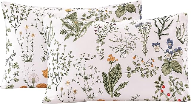 ECOCOTT 100% Cotton Pillowcases King Size, Botanical Floral Leaves Print Pattern Pillow Cover 2 Pack, Super Soft Envelope Closure Standard Pillow Case Set (King, 20"x36")
