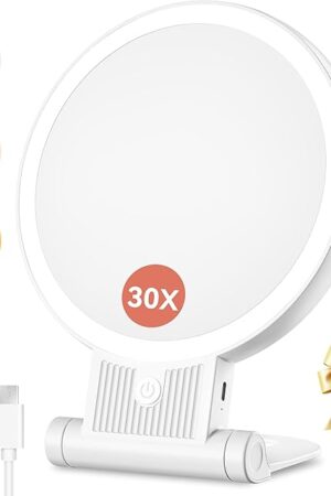 1X/30X Magnifying Mirror with Light, Double Sided Makeup Mirror with Adjustable 3 Color Light, 2000mAh Rechargeable Lighted Magnifying Mirrors with Tweezer, Foldable Travel Mirror with Rotation