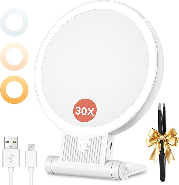 1X/30X Magnifying Mirror with Light, Double Sided Makeup Mirror with Adjustable 3 Color Light, 2000mAh Rechargeable Lighted Magnifying Mirrors with Tweezer, Foldable Travel Mirror with Rotation
