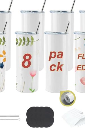 8pack 20oz flat edge sublimation tumblers ，White skinny insulated Sublimation tumbler Straight Cups with Individual Gift Box, Silicone Bottom Polymer Coating for Heat Transfer （8pack 20oz）