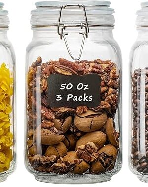 50oz Square Glass Food Storage Jars with Airtight Clamp Lids, 3 Pack Large Kitchen Canisters for Flour, Cereal, Coffee, Pasta and Canning, Mason Jar (Clear 50oz Square - 3 sets)