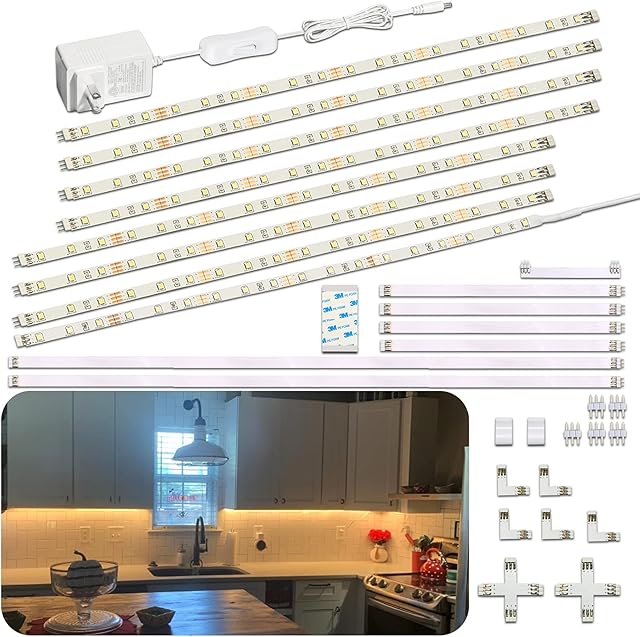 WOBANE Under Cabinet Lighting Kit,8PCS 12 inch Led Light Bars,Under Counter Lights for Kitchen,Cupboard,Desk,Bookcase,Shelf,Showcase Display,DIY Tape Light,Variety Connectors,1200lm,2700K WarmWhite