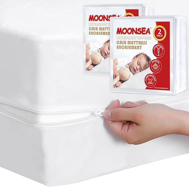 Waterproof Crib Mattress Protector Zippered 2 Pack, 6-Side Waterproof Crib Mattress Encasement, Durable Zipper, Noiseless, 28'' X 52" X 6"