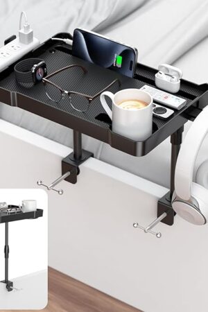 Bedside Shelf Bunk Bed Shelf Bedside Organizer Adjustable Height Top Bunk Bed Accessories Nightstand Tray with Cup Holder Clip On Bedside Table Tray Headboard Shelf Organizer College Dorm Room Black