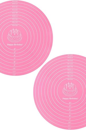 2Pcs Silicone Cake Mat,12 Inch Pink Round Baking Mat with Measurements Reusable Turntable Pastry Mats for Rolling Out Dough Cake Pizza and Cookies