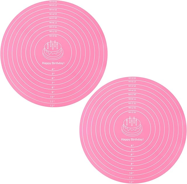 2Pcs Silicone Cake Mat,12 Inch Pink Round Baking Mat with Measurements Reusable Turntable Pastry Mats for Rolling Out Dough Cake Pizza and Cookies