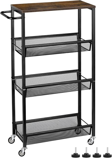 MOOACE Slim Storage Cart, 4 Tier Rolling Kitchen Shelving Unit on Wheels Mobile Narrow Cart with Wooden Tabletop for Bathroom, Laundry Narrow Places, 16.6''x 7.3''x 31.1''inch