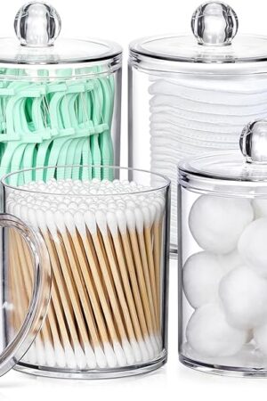 4 Pack Acrylic Qtip Holder Dispenser for Cotton Swabs, Balls, Pads, Floss Picks- Small Clear Plastic Canister Apothecary Jar Set, Bathroom Essentials Accessories Decor, Vanity Makeup Storage Organizer