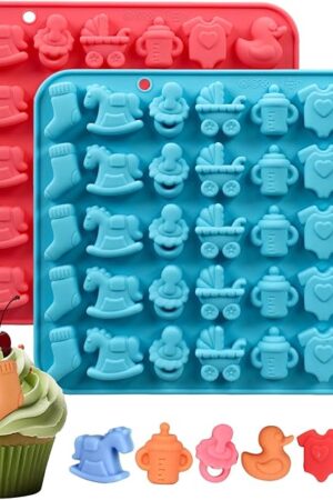 Baby Shower Chocolate molds, 2 Pack Baby Theme Silicone Molds for Candy Gummy, Baby Onesie, Baby Bottle, Pacifier, Baby Carriage, Trojan Horse, Duck, Socks Baking Mold (Pink & Blue)