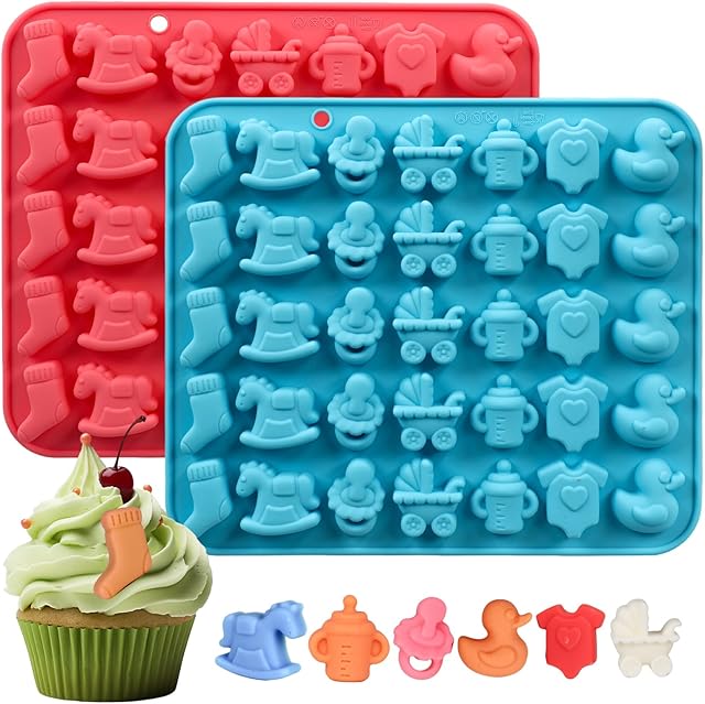 Baby Shower Chocolate molds, 2 Pack Baby Theme Silicone Molds for Candy Gummy, Baby Onesie, Baby Bottle, Pacifier, Baby Carriage, Trojan Horse, Duck, Socks Baking Mold (Pink & Blue)