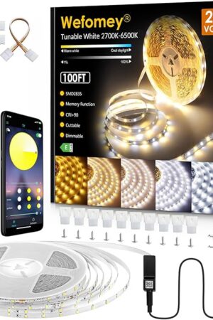 White LED Strip Lights, 100ft Dimmable Bright 24V Led Tape Light with Remote and App Control, 2700K-6500K White 1440 LEDs Lights for Bedroom, Kitchen, Ceiling (1 Rolls of 100ft)