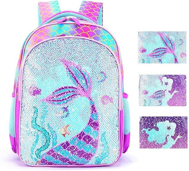 Reversible Sequin School Backpack Lightweight Little Kid Book Bag for Preschool Kindergarten Elementary(17", Mermaid)
