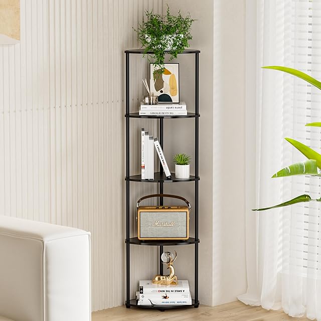 5-Tier Corner Shelf Stand, Waterproof Black Bathroom Organizers and Storage, Plant Display Shelves for Living Room Decor, Plastic Light Wall Corner Bookshelf Organizer for Office/Apartment/Small Space