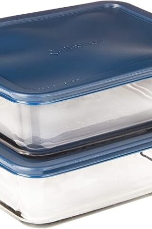 Anchor Hocking 11 Cup Glass Storage Containers with Lids, Set of 2 Glass Food Storage Containers with Navy Blue SnugFit Lids