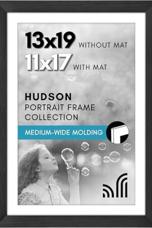 Americanflat 13x19 Picture Frame with Shatter-Resistant Glass - Use as 11x17 Frame with Mat or Display 13x19 Photo Without Mat - Hudson Collection - Wide Picture Frames for Wall Display - Black