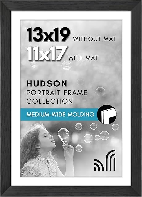 Americanflat 13x19 Picture Frame with Shatter-Resistant Glass - Use as 11x17 Frame with Mat or Display 13x19 Photo Without Mat - Hudson Collection - Wide Picture Frames for Wall Display - Black
