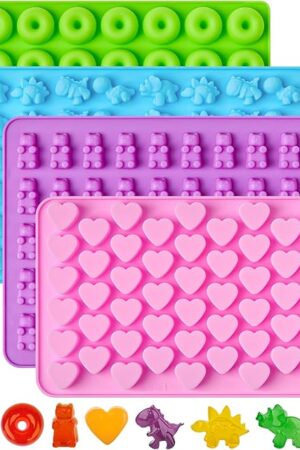 4 PCS Silicone Gummy Candy Molds with 2 Droppers, Mini Sized Non-stick Jello Molds for Hard Candies, Fruit Snacks, Chocolates (Heart, Bear, Dinosaur, Donut Shaped)