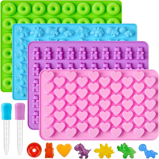 4 PCS Silicone Gummy Candy Molds with 2 Droppers, Mini Sized Non-stick Jello Molds for Hard Candies, Fruit Snacks, Chocolates (Heart, Bear, Dinosaur, Donut Shaped)