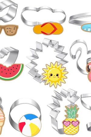 10 Pieces Summer Pool Cookie Cutters Pineapple, Ice Cream, Flamingo, Flip Flop Sunglasses, Watermelon Cookie Cutters Molds for Summer Tropical Beach Pool Party Supplies Decorations