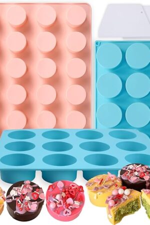 Cake Puck Mold Set,SAGOOITS 2 Different Sizes Chocolate Covered Cake Silicone Molds, 24-Cavity and 12-Cavity Round Cake Pop Molds with 2 Spatulas for DIY Cake Cores, Chocolate Desserts,Cakepucks