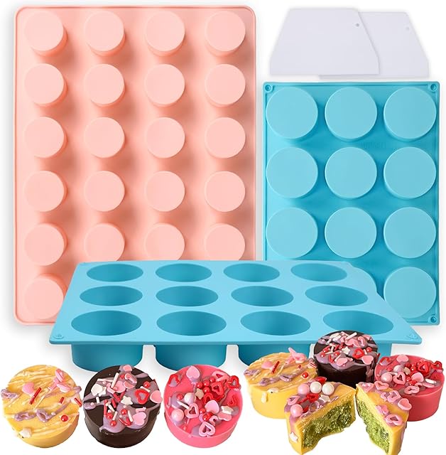 Cake Puck Mold Set,SAGOOITS 2 Different Sizes Chocolate Covered Cake Silicone Molds, 24-Cavity and 12-Cavity Round Cake Pop Molds with 2 Spatulas for DIY Cake Cores, Chocolate Desserts,Cakepucks