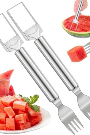 2Pcs Watermelon Cutter Slicer Tool, Stainless Steel 2-in-1 Watermelon Fork Slicer, Portable Watermelon Fork Watermelon Cutter Slicer Tool Fruit Forks Slicer for Home Party Camping Kitchen (2, Silver)
