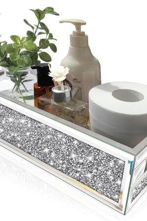 Wocred Bathroom Basket Toilet Tank,Crushed Diamond Mirrored Bathroom Tray Wall-Mounted,Silver Storage Organizer fits Dresser Bedroom,Bathroom,Coffee Table.(15?x7?x3.8?)