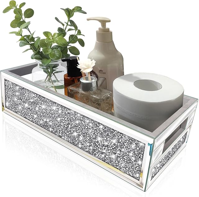 Wocred Bathroom Basket Toilet Tank,Crushed Diamond Mirrored Bathroom Tray Wall-Mounted,Silver Storage Organizer fits Dresser Bedroom,Bathroom,Coffee Table.(15?x7?x3.8?)
