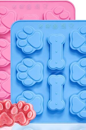 2 Pcs Silicone Puppy treat molds, Dog Paw and Bone Mold Ice Cube Mold, Jelly, Biscuits, Chocolate, Candy Baking Mold, Oven Microwave Freezer Dishwasher Safe-Pink & Blue (2)