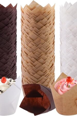 Aodaer 240 Pieces Mini Tulip Baking Cups Muffin Liners Cupcake Cases Baking Cup Holders for Wedding, Birthday, Baby Shower, Brown, Natural, White
