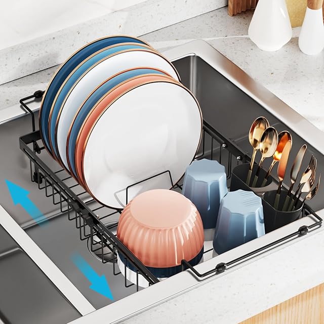 iSPECLE Expandable in Sink Dish Drying Rack - Adjustable Capacity (12.4''-17.1''L) Over The Sink Dish Drainer Drying Rack for Kitchen Counter and Sink, Dish Rack with Utensil Holder, Black