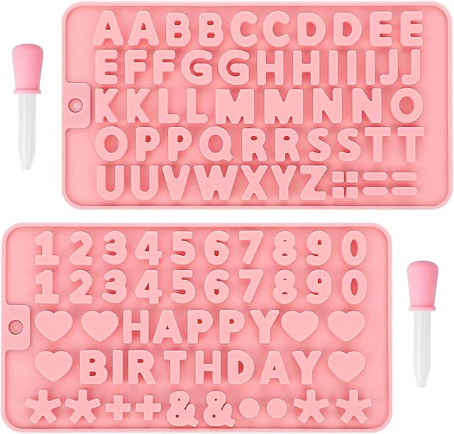 2 pcs Number Chocolate Molds and Letter Silicone Molds, with 2 Droppers, Happy Birthday Cake Decorations Baking Mould,for Chocolate, Candy, ice cubes,cake cookies