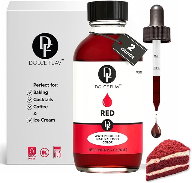 Dolce Flav Natural Red Food Coloring – Vivid Plant-Based Color from Beets | 2 oz Water-Soluble Liquid Dye for Baking, Drinks & Frostings | Graduated Dropper Included | No Artificial Dyes | Kosher | Made in USA