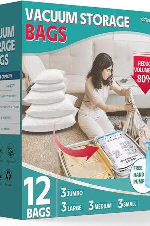 12 Pack Vacuum Storage Bags, Vacuum Seal Bags for Clothing, Comforters, Blankets, Space Saver Vacuum Storage Bags with Hand Pump. (3×Jumbo, 3×Large, 3×Medium, 3×Small)