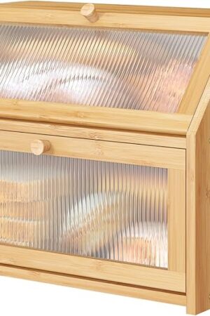 Bread Box for Kitchen Counter, Large Bamboo Wood Double Layer Bread Box, Wooden Bread Storage Capacity